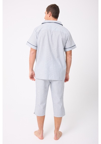L'espadon Marısılk Seastrıpe Erkek Dokuma Yazlık Kısa Kollu Capri Pantolonlu Pijama & Lounge Takımı-3212 Mavi
