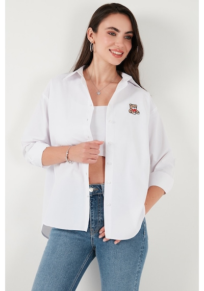 Lela Pamuk Karışımlı Regular Fit Ayıcık Işlemeli Bayan Gömlek 6773106 Beyaz