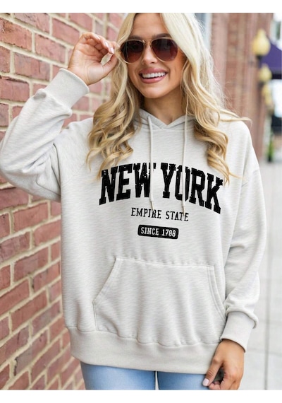 Startmore Reshift Plus Size Women's Letter 'new York U.s.a ' City Name Graphic Print Thermal Drawstring Çok Renkli