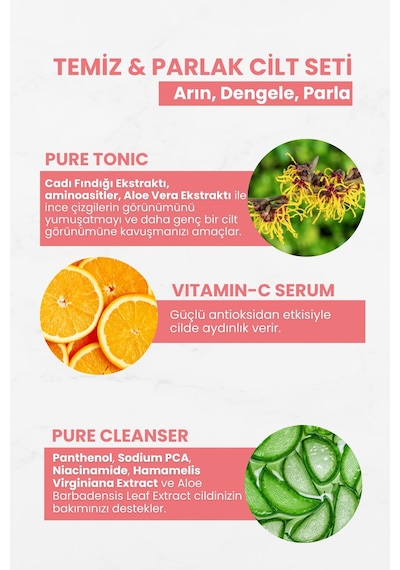 Temiz&parlak Cilt Seti-pure Cleanser&glikolik Asit Tonik&vitamin C Serum
