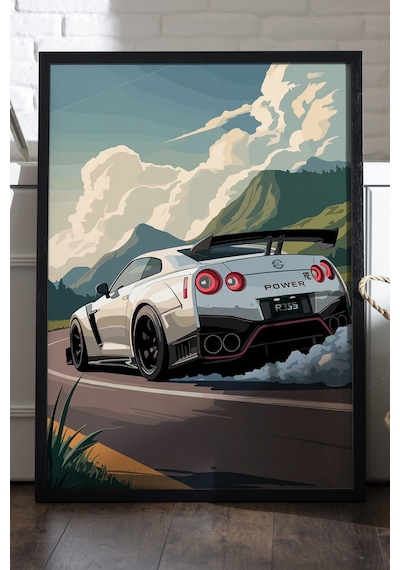 Nissan Gtr Siyah Ahşap Çerçeveli Poster, Dekoratif Araba Duvar Tablosu