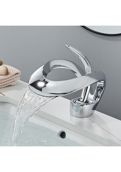 Krom Şelale Lavabo Bataryası Lüks Tek Kollu Tezgah Üstü Loft Musluk Ev Otel Özel Tasarım Gri