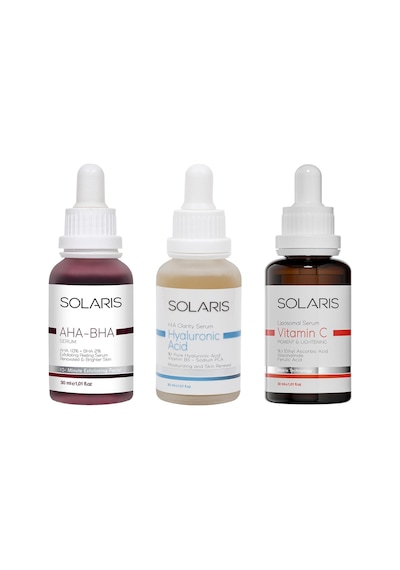 Solaris Cilt Tonu Eşitleyici Aha %10 Bha %2 Serum 30 ML + Hyaluronik Asit Serum 30 ML + Leke Karşıtı C Vitamini Serum 30 ML