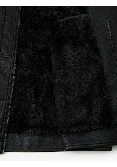 Koton Suni Deri Ceket Yakası Kürklü Cepli Fermuarlı Astarlı Slim Fit Siyah 5wam20085hw Siyah