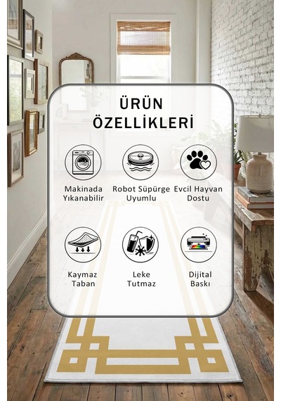 Yıkanabilir Yolluk 50 Beyaz - Gold