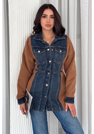 Femelle Kadın Beli Kemerli Düğmeli Kot Ceket mavi