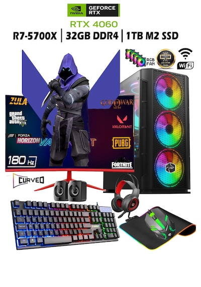 Apphirex TC64 R7 5700X 32 GB 1 TB M.2 SSD RTX4060 8 GB 24'' W10P Masaüstü Oyuncu Bilgisayarı