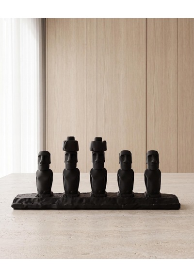Paskalya Adası Moai Heykelleri 5'li Biblo Seti Mat Siyah 15 Cm Antik Etnik Tasarım Masaüstü Kitaplık Dekoru Yeni Ofis Hediyesi 15cm