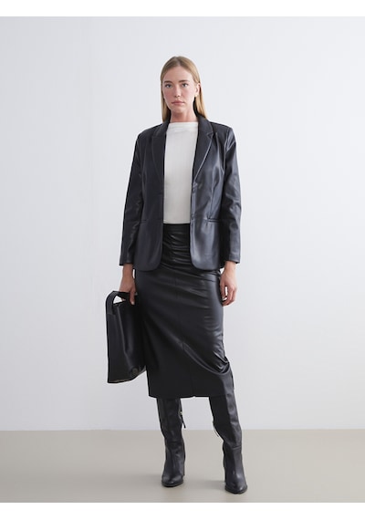 Lcwaıkıkı Classic Siyah Kadın Deri Görünümlü Blazer Ceket