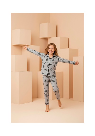 Rindahomewear Anne-kız Gri Fiyonk Desenli Düğmeli Örme Uzun Kollu Pijama Takımı Gri