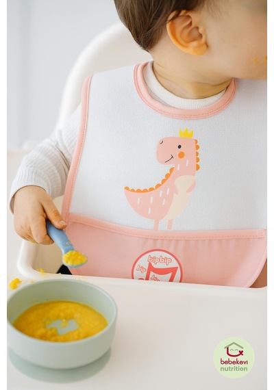 Düdüklü Cepli Sıvama Mama Önlüğü - Sevimli Dino Bebek Önlüğü Açık Pembe