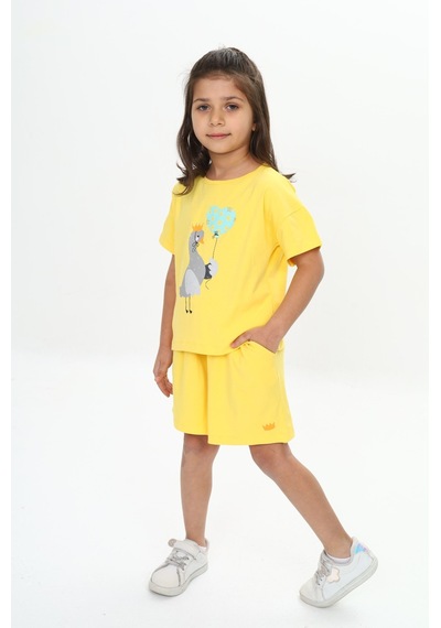 Toontoy Kids Toontoy Kız Çocuk Ördek Baskılı Şortlu Takım Koyu Sarı