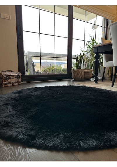 Tavşan Siyah Yumuşak Dokulu Peluş Halı Yuvarlak