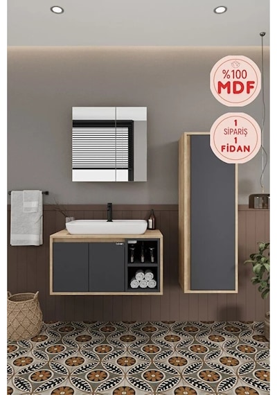 Lale 80 Cm Set %100 Mdf Lavabolu Banyo Dolabı Aynalı Dolap Boy Dolabı Antrasit Lale 80 Cm Set %100 Mdf Lavabolu Banyo Dolabı Aynalı Dolap Boy Dolabı Antrasit