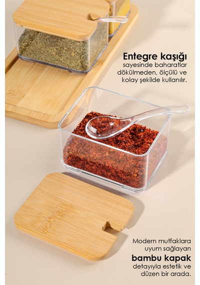 3'lü Kaşıklı Bambu Kapaklı Baharatlık - Tepsili Baharat Saklama Kabı Baharat Takımı 250 Ml Bej