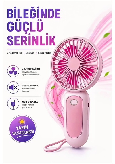 Bilek Askılı Şarjlı Taşınabilir El Fanı Mini Vantilatör Pembe