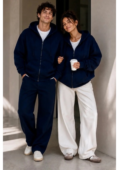 Bb Butik Basic Oversize Kalın Üç Iplik Fermuarlı Kapüşonlu Sweatshirt Koyu Lacivert