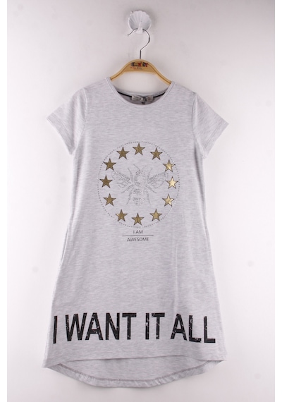 Toontoy Kız Çocuk I Want It All Baskılı Elbise Gri Melanj