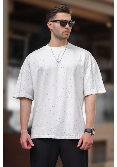 Madmext Ekru Oversize Yırtık Deyatlı Pamuklu Tişört 7032-ekru Ekru