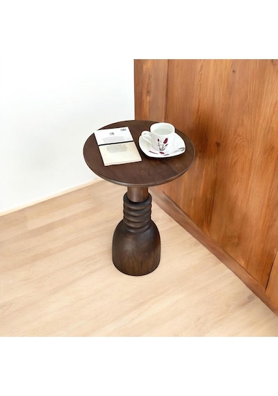 Wood Woodenahşap Tekli Mantar Yan Sehpa Modern Ceviz Renk 50cm Koyu Ceviz