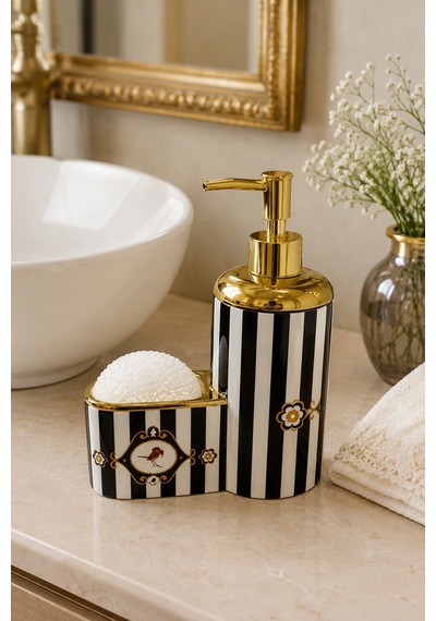 Kuş Motifli Gold Detaylı Çizgili Porselen Sıvı Sabunluk + Bulaşık Süngeri + Süngerlik Seti 500 Ml 20 X 15 X 7 Cm Beyaz - Siyah