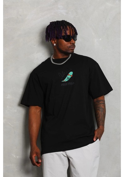 Wear Vexel Erkek Baskılı T-shirt Kısa Kol Bisiklet Yaka Rahat Kalıp Tişört - Siyah Çok Renkli