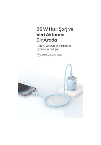 Hızlı Şarj Adaptörü 35w Gan + Lightning Kablo 30w Pd Usb-c&usb-a, Tablet&telefon Mavi-v0102018