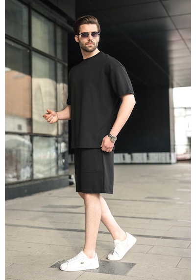 Madmext Siyah Bisiklet Yaka Oversize Erkek Şort T-shirt Takım E7355 Siyah