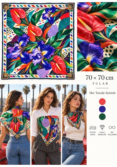 Tarzını Seç Tarzınıseç Seksenler Retro Tropikal Çiçek Desenli Fular 70 X 70 Cm
