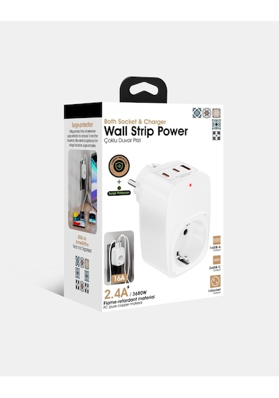 Çoklu Yüksek Voltaj Korumalı Duvar Prizi 2x Type-c 1x Usb Çıkışlı Priz Grup Priz Çoğaltıcı 2 M