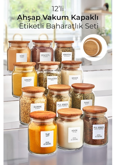 Myrina Etiketli 12'li Ahşap Vakumlu Kapaklı Baharatlık Takımı 300ml X12 Diğer