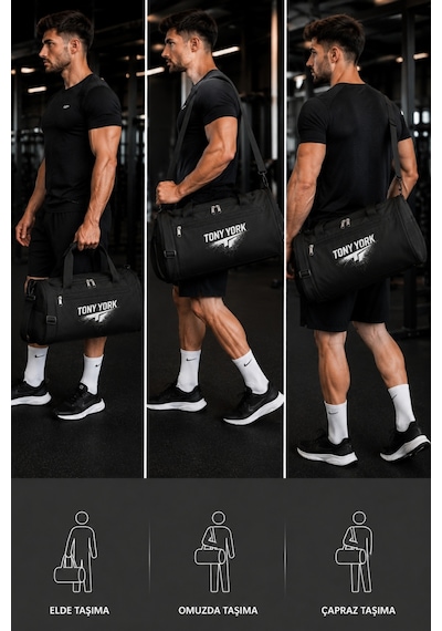 Tony York Unisex Geniş Hacimli Konfor Modeli Önü Cepli Ayakkabı Bölmeli Seyahat Antrenman Fitness Spor Çantası siyah