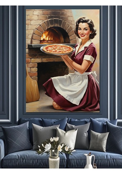 Ahşap Tablo Fırıncı Kadın Pizza Yapıyor Hayvan Tabloları