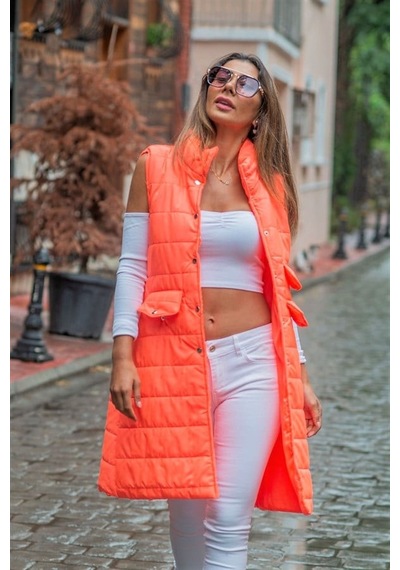 Veraura Lifestyle Turuncu Nar Dik Yaka Cep Detaylı Uzun Şişme Yelek