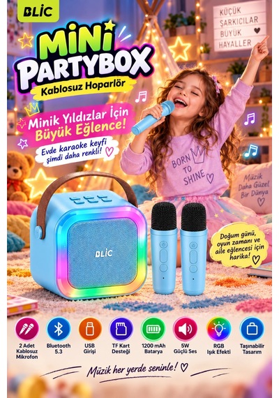 Blic Bls-97 Mavi Partybox Çift Kablosuz Mikrofonlu Rgb Led Işıklı Taşınabilir Bluetooth Hoparlör