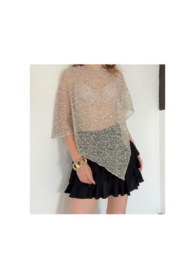 Verymoda Asimetrik Kesim Yarasa Kol Pullu Bluz D3118 Taş