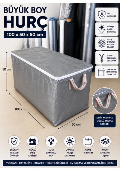 100x50x50 Büyük Boy Hurç Fermuarlı Su Geçirmez Uv Korumalı 230 Gr Dokuma Naylon Branda Gri
