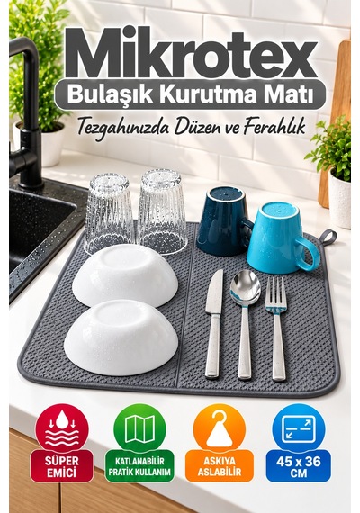 Gri Bez Mikrotex Bulaşık Kurutma Matı 45x36 Cm Süper Emici Katlanabilir Tezgah Üstü Kurutma Matı