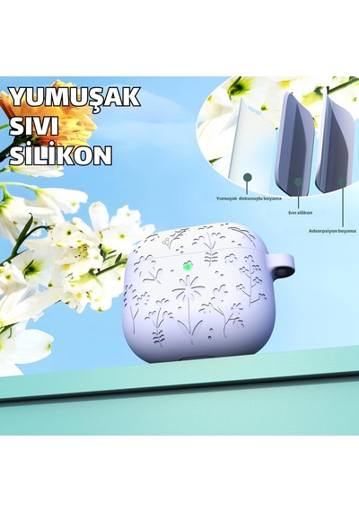 Airpods 4. Nesil Ve Airpods 5. Nesil Uyumlu Çiçek İşlemeli Premium Silikon Kulaklık Kılıfı Ve 3'ü 1 Arada Bluetooth Kulaklık Temizleme Kalemi Seti Lila