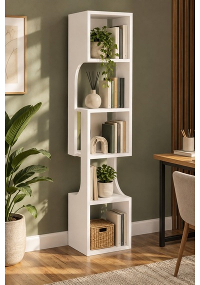 Sulorahome 5 Katlı Modern Beyaz Kitaplık Ve Dekoratif Raf Ünitesi Antrasit