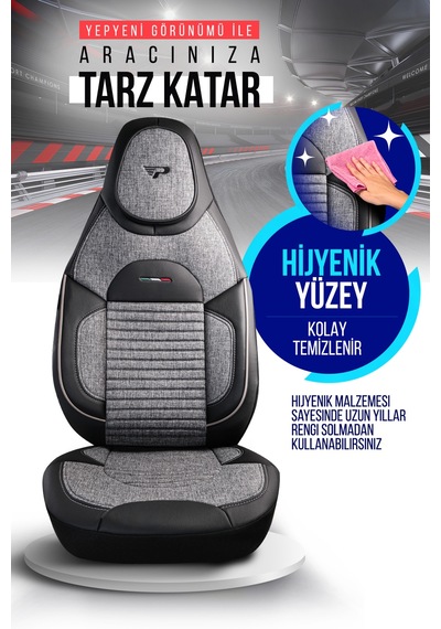 Gri - Siyah Panda Enzo Serisi Keten Kumaş Oto Koltuk Kılıfı - Tam Set