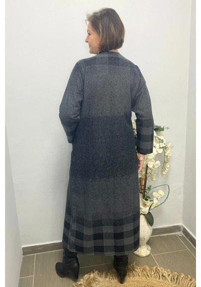 Mia Butik Büyük Beden Siyah Desenli Uzun Hırka Siyah