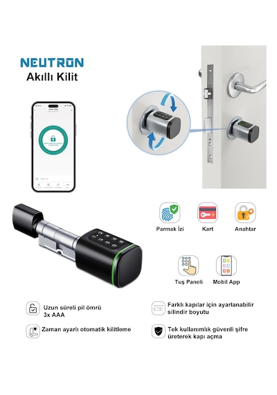NEUTRON NTL-SC-02FKPB PARMAK İZİ, ŞİFRE, KARTLI AKILLI KAPI KİLİDİ SİYAH