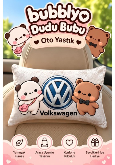 Bubblyo Volkswagen Temalı Dekoratif Oto Yastığı Sevimli Çift Tasarım Beyaz Beyaz