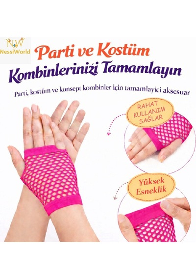 80 Ler 90 Lar Retro Neon Fuşya Şeker Pembesi File Parmaksız Kısa Eldiven 11 Cm Diğer