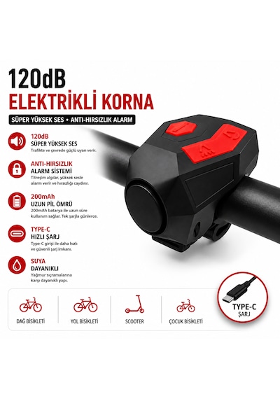 120 Db Usb Type-c Şarjlı Bisiklet Kornası Ve Anti Hırsızlık Alarmı Elektrikli Bisiklet Zili Scooter, Mtb Ve Yol Bisikleti Uyumlu 200mah Batarya Siyah