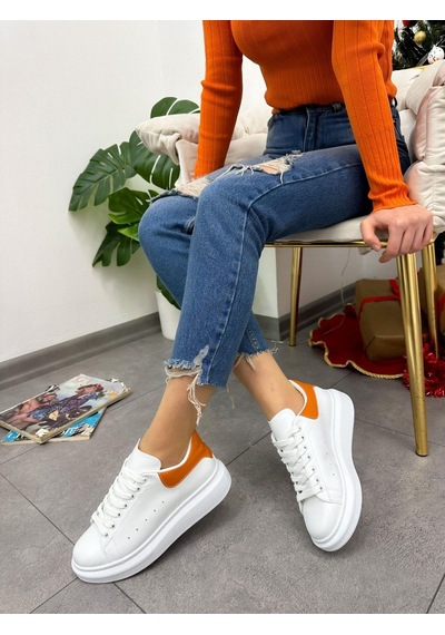 Erva'nın Butiği Beyaz Turuncu Queen Kadın Bağcıklı Sneakers-5023 Beyaz Turuncu Cilt
