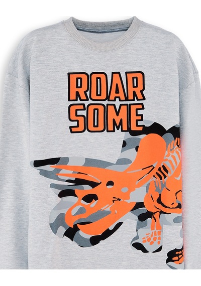 Erkek Çocuk Kışlık Dinozor Desenli Gri Uzun Kollu Sweatshirt 4-9 Yaş