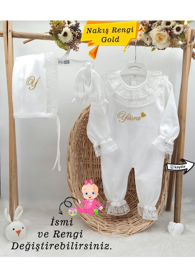 Gros Shop Yeni Doğan Dantelli 3'lü Hastane Çıkış Tulum Seti Kişiye Özgü İs Gold Altın