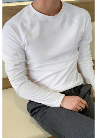 Tarz Cool Erkek Slim Fit Uzun Kollu Bisiklet Yaka Likralı Pamuk Tişört Beyaz